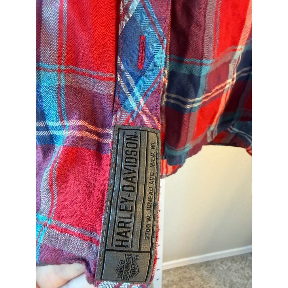 Harley-Davidson Womens XL Plaid Short Sleeve Button Up Shirt Red Blue Rayon - Picture 6 of 8